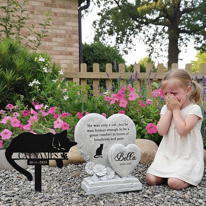 Custom Sleeping Cat Grave Marker Outdoor, Personalized Metal Cat Memorial Grave Stake with Name and Date, Outdoor Waterrproof Cats Memorial Plaque