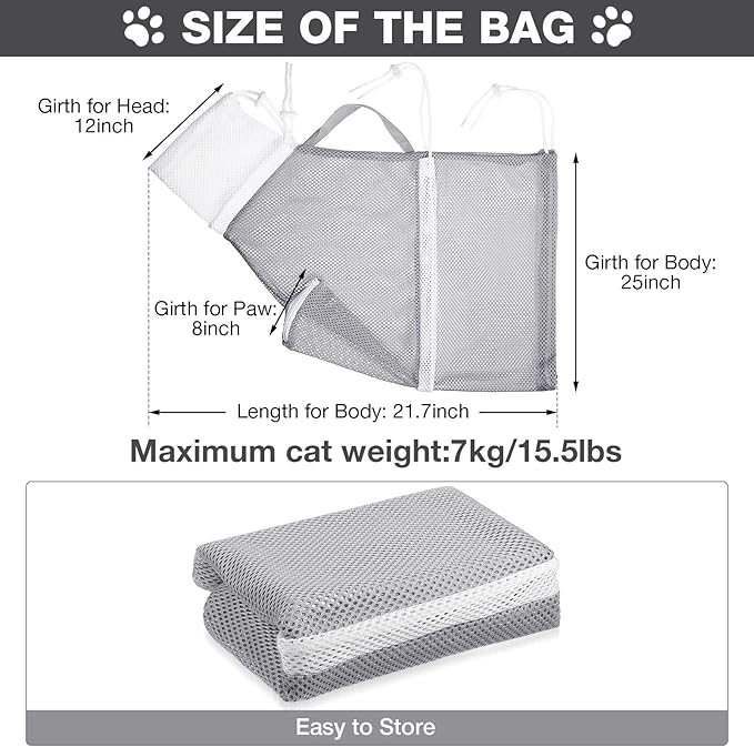 Cat Shower Net Bag Grooming Bathing Adjustable Washing Bag Multifunctional Cat Restraint Accessories Prevent Biting Scratching, Nail Trimming, Ears Clean, Keeping Calm(Grey)