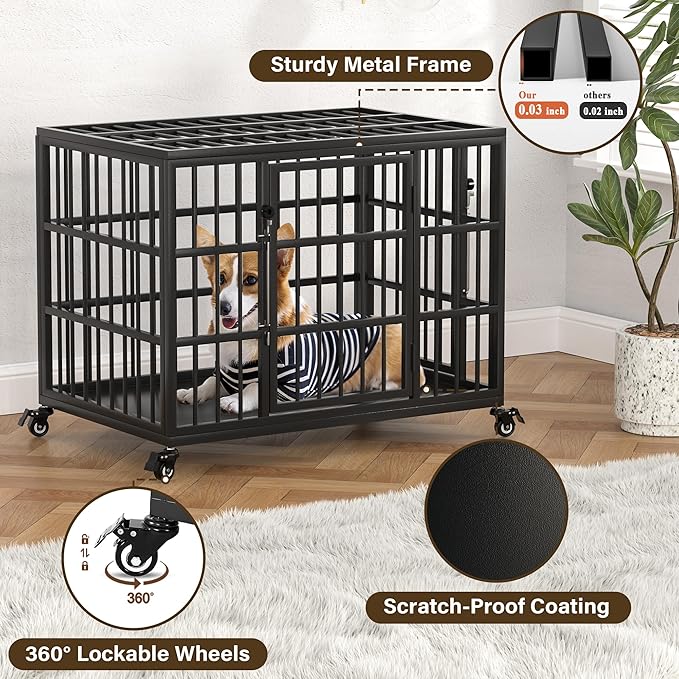 VERIFURTY 30 Inch Heavy Duty Dog Crate for Medium and Small Dogs with Self-Locking Latch, Escape-Proof Steel Kennel Indoor, Double Door Metal Pet Cage with Wheels and Removable Floor