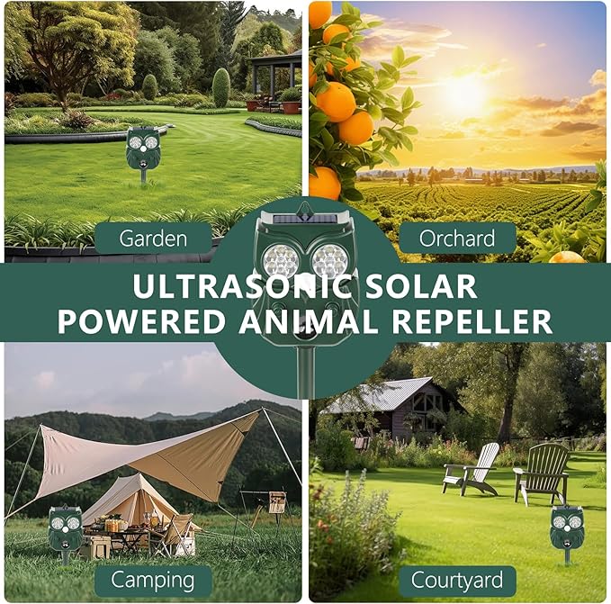 4 Pack 2026 Ultrasonic Animal Repellent Outdoor Deer Repellent Devices Solar Animal Repeller Motion Activated Deterrent to Scare Cat Squirrel Rabbit Raccoon Skunk with LED Flash Lights for Yard Lawns