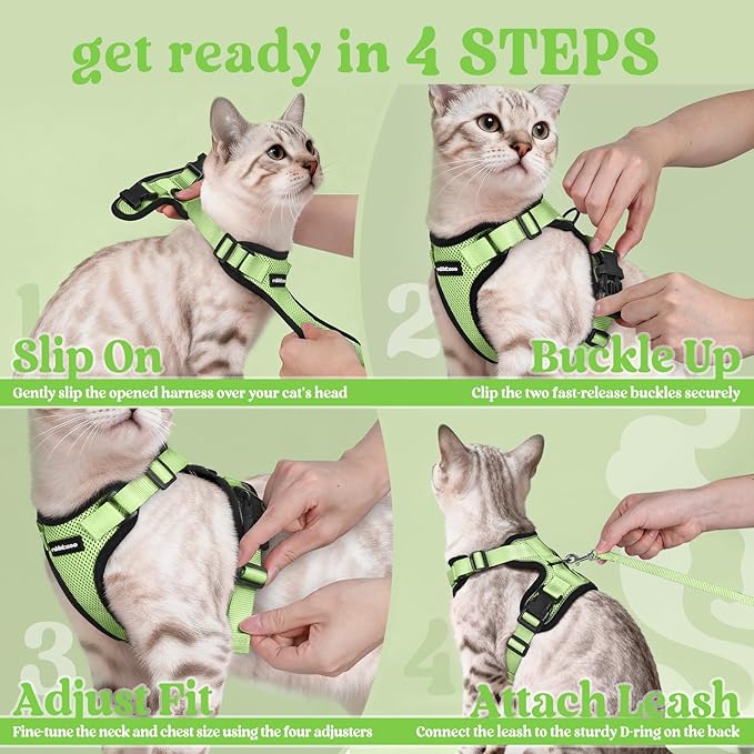 rabbitgoo Cat Harness and Leash for Walking, Escape Proof Soft Adjustable Vest Harnesses for Cats, Easy Control Breathable Reflective Strips Jacket, Light Green, S