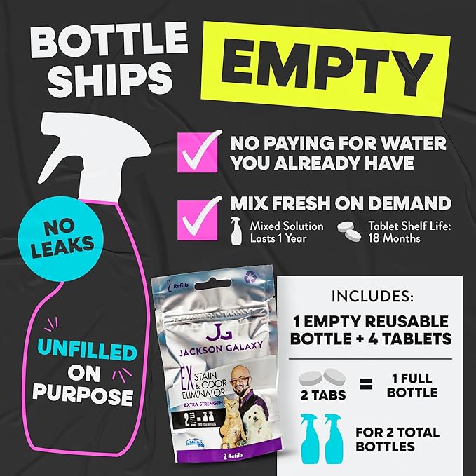 Jackson Galaxy EX Stain & Odor Eliminator - Cat Pee Cleaner, Reusable 23oz Bottle with Refill Included - Fast Acting & Non-Toxic CO2 Based Pet Urine Remover - Made by a Trusted Cat Expert