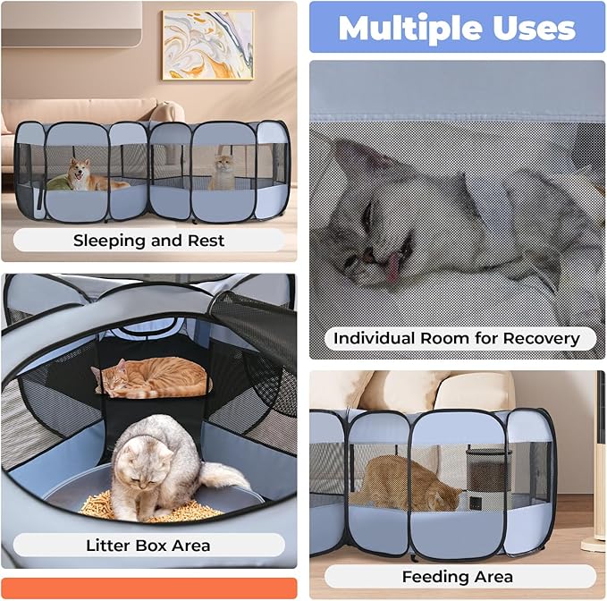 2-in-1 Cat Playpens, Detachable into 2 Separate Playpens with Additional 2 Doors, Portable Dog Playpen Cat Tent Enclosure for Kitten and Puppy Indoor Outdoor Use(M)