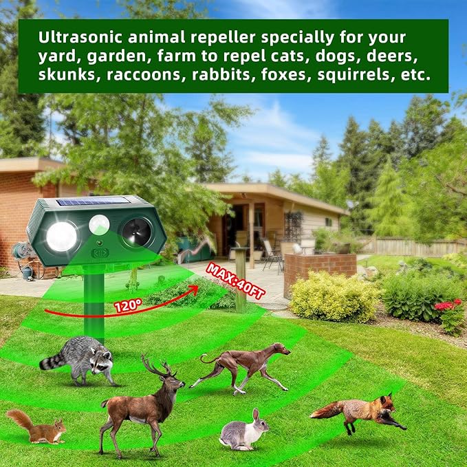 2026 Racoon Squirrel Sonic Fortress Pro Cat Repellent Outdoor, Solar Ultrasonic Animal Repeller Deer Deterrent with Motion Sensor&Flash Light to Scare Rabbit Dog Coyote Out of Garden Farm Yard(4Pack)