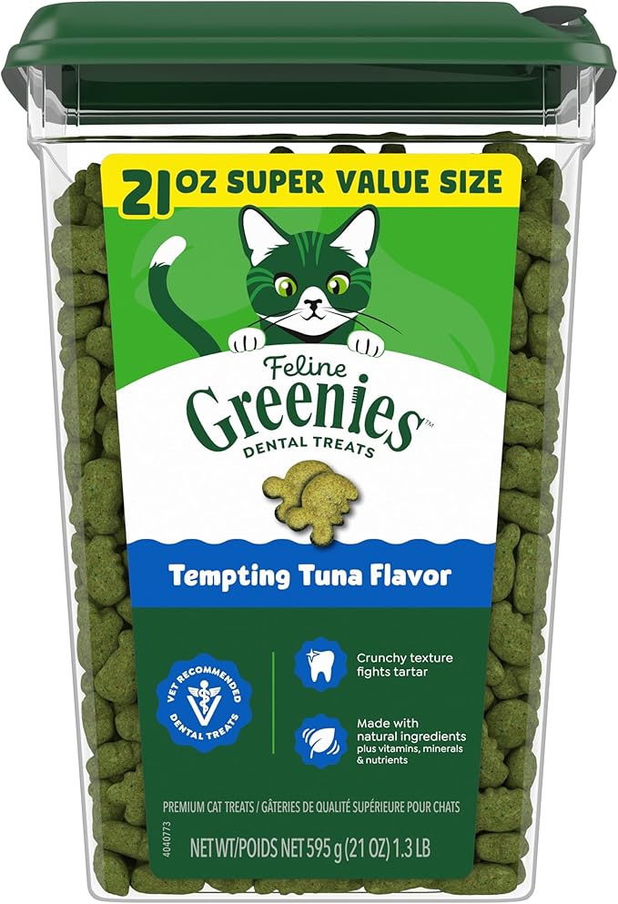 Greenies Cat Treats, Veterinarian-Recommended Adult Natural Dental Cat Treats, Tempting Tuna Flavor, 21 oz. Tub