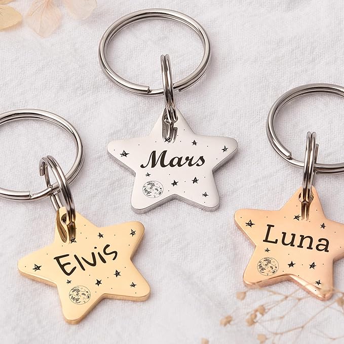 Anavia Small Size Dog Cat ID Tags, Small/XS Personalized Color Plated Stainless Steel Puppy Kitten Name Tags, Customized Engraved Nameplate Pet Collar Tag (Rose Gold, Star)