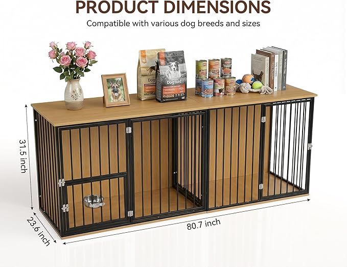 80.7" Double Dog Crate Furniture, Large Breed Dog Crate TV Stand with Swivel Bowls, Heavy Duty Wooden Double Dog Kennel with Removable Divider for 2 Medium Dogs (Black)