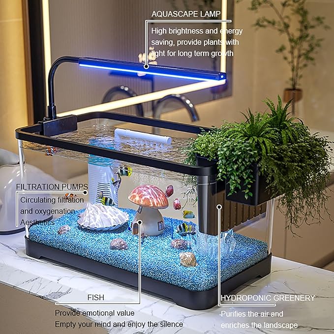 Fish Tank Aquarium Kit,Turtle Tank Kit with 3-in-1 Silent Water Pump Filter System, Self Cleaning Aquarium Starter Kit with LED Light Suitable for Small Fish Or Shrimp,Bottom Drainage(Large)