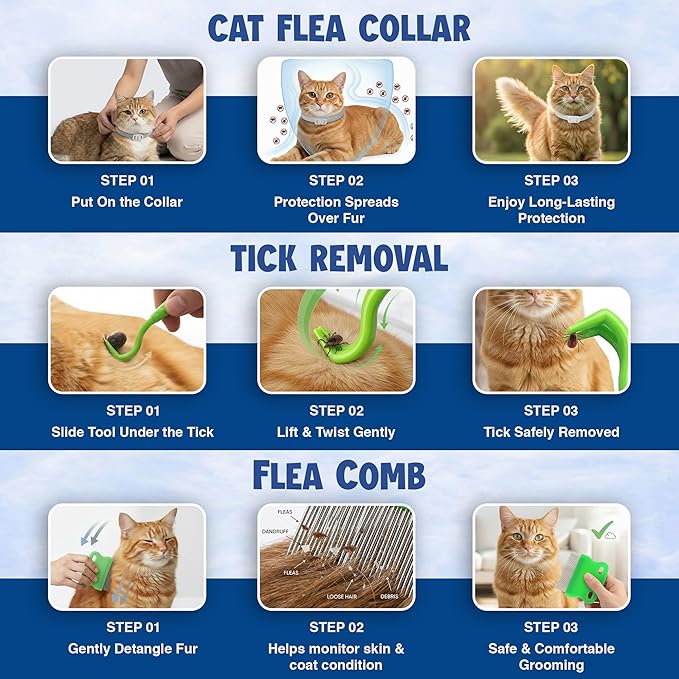 Cat Flea and Tick Collar (2 Pack) – Natural Waterproof Flea Collar for Cats & Kittens with 8 Month Protection Adjustable Cat Flea Collar Includes Tick Removal Tools & Flea Comb