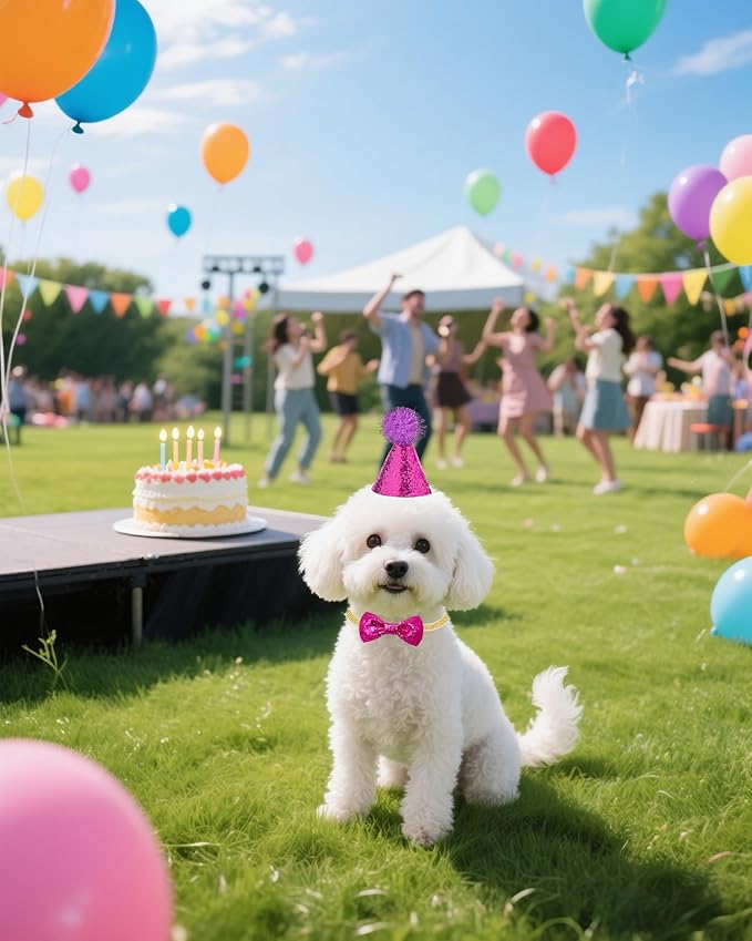 PET SHOW 20 Pack Mini Small Dog Birthday Hats Collar Bowties Glitter Set Adjustable Cat Party Headband and Bow Ties with Elastic Straps for Stuffed Animals Puppy Kitten Pet Costume Accessories