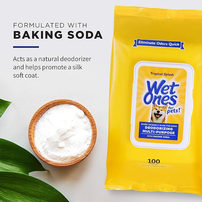 Wet Ones for Pets Deodorizing Multipurpose Dog Wipes with Baking Soda, Tropical Splash Scent - Desmellizing Wipes for Dogs with Wet Lock Seal, 100 Count