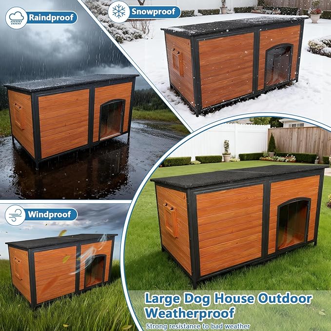 Extra Large Dog House Outdoor 59.1" L Outside Insulated Dog Kennel Weatherproof Winter, 6 Sides All-Round Foam for Small Medium Large Extra Large Dogs, Strong Metal Chew Proof Frame Window