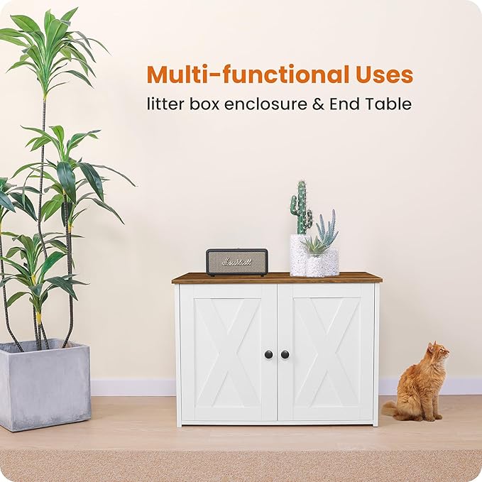 Dwanton Litter Box Enclosure, Cat Litter Box Furniture Hidden, Reversible Entrance Can Be on Left or Right Side, Wooden Cat Washroom Indoor, White and Warm Brown, 27.6 Inches