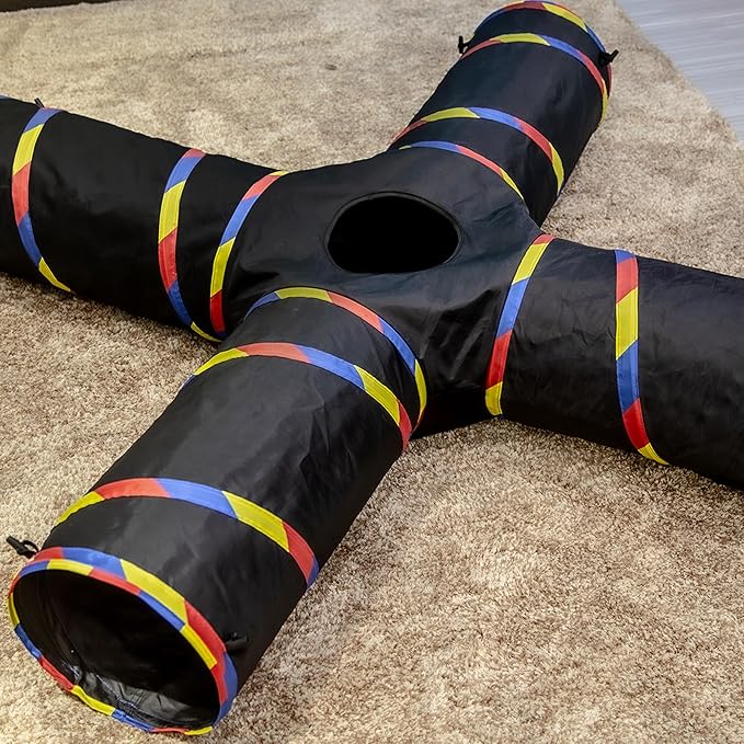 4 Way Large Cat Tunnels for Indoor Cats - 10" Diameter & 47" Long Play Tunnel Toy - Cat Tube with Play Ball & Mouse Toy - Interactive Peephole (Black)