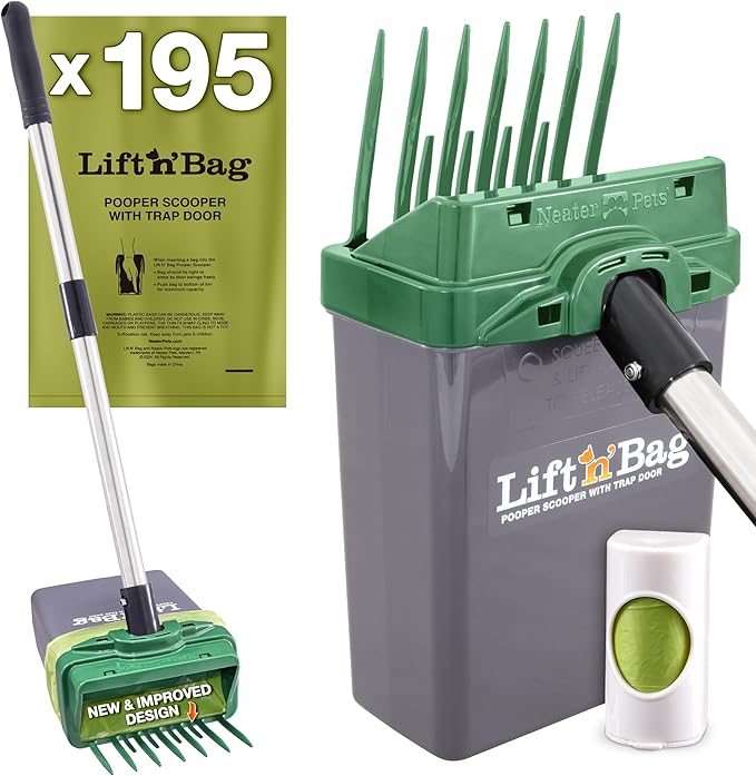 Neater Pet Brands Lift N’ Bag 2.0 Dog Pooper Scooper with Bag Attachment & 22" Pole for Small to Large Dogs, New & Improved Design, 195 Refill Bags, Heavy Duty Dog Poop Scooper for Yard, One-Hand Use