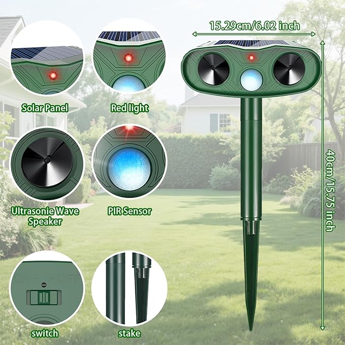 2025 Solar Ultrasonic Animal Repellent Sonic Fortress Pro Raccoon Repellent Cat Repeller Deer Deterrent with Motion Sensor to Keep Squirrel Rabbit Dog Skunk Out of Garden Yard(4Pack)