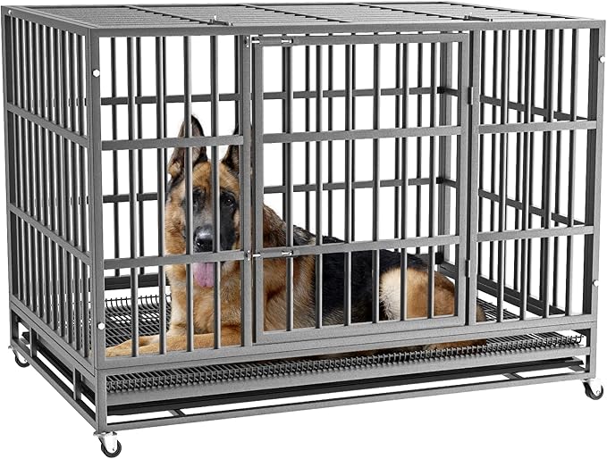 LEMBERI 38 inch Heavy Duty Indestructible Dog Crate, Escape Proof Dog Cage Kennel with Lockable Wheels,High Anxiety Double Door Dog Crate,Extra Large Crate Indoor for Large Dog with Removable Tray
