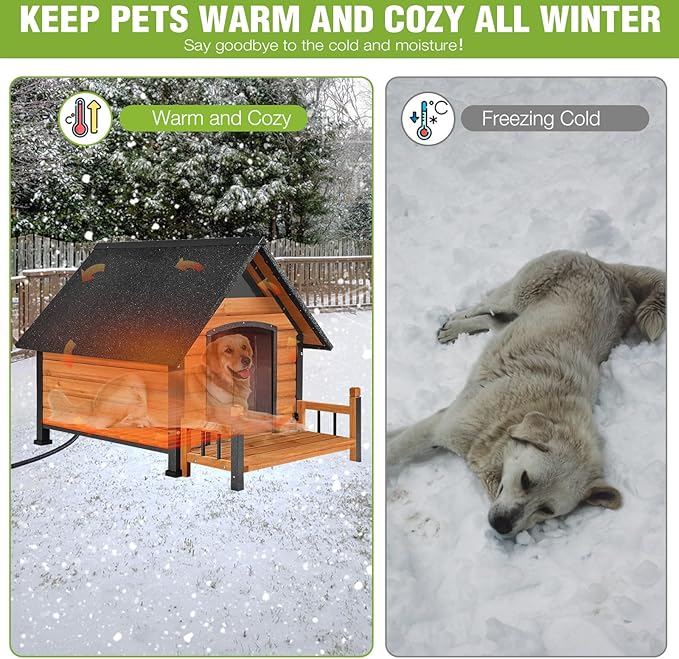 GUTINNEEN Outdoor Heated Dog House Anti-Bite Weatherproof Dog Kennel Puppy Shelter Indoor with Heating Pad, All-Around Insulated Liner and Porch for Large Breed, 45" D x 32.9" W x 32.6" H (Brown)