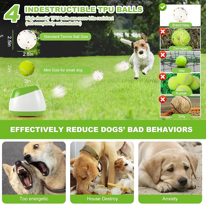 Automatic Ball Launcher for Dogs, 40-80Ft Distance Dog Ball Thrower Launcher, Rechargeable Automatic Dog Balls Launchers with 4 Balls (2.5"), Remote Control Thrower for Medium/Large Dogs (Green)