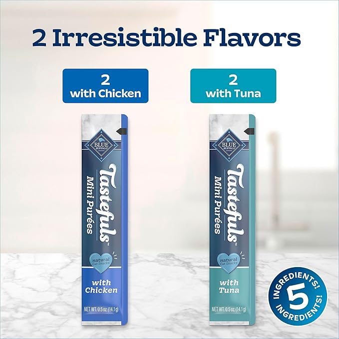 Blue Buffalo Tastefuls Mini Purées, Adult Cat Natural Single-Serving Snack, 4-Count Variety Pack Chicken and Tuna, 0.5 oz. (Pack of 1)