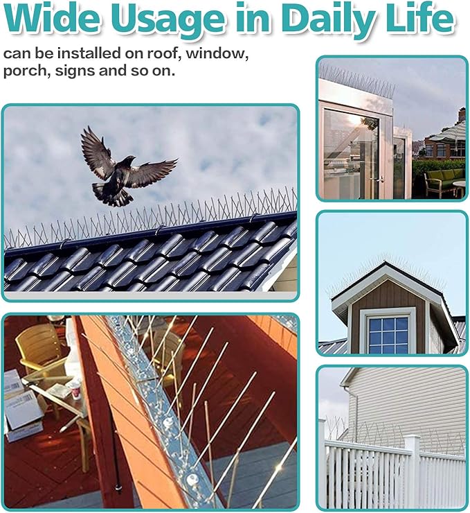 KKY Bird Spikes Stainless Steel Base, Metal Bird Repellent Nail Fence Kit, Can Be Used to Stop Pigeons and Other Small Birds, Covering 10.8 Feet 10 Packs.