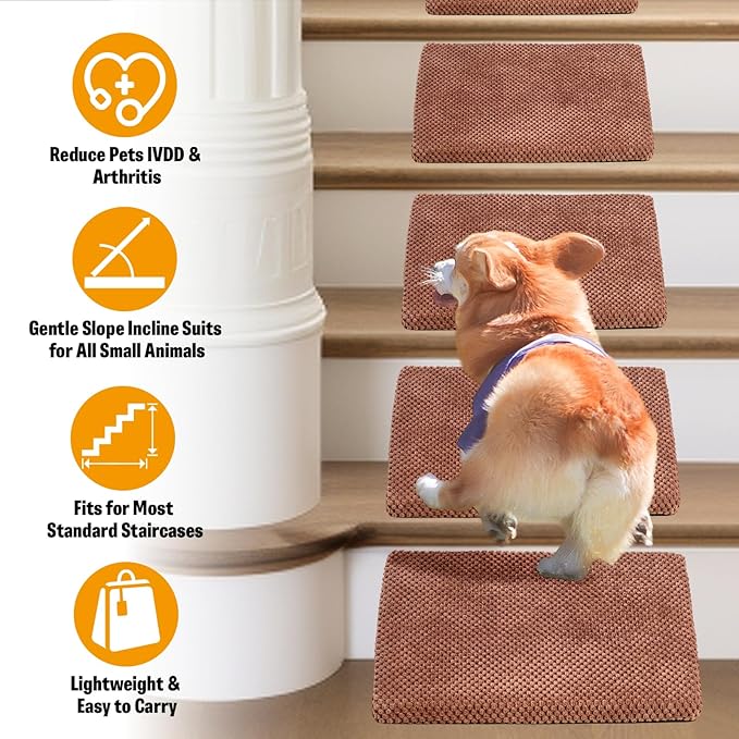 40D Dog Ramp for Stairs for Small & Senior Dogs and Cats – Non-Slip Stair Ramp for Dogs with Gentle Slope, Pet Ramp with Washable Cover & Self-Sticky Pads for Safe Climbing Easy Install(Brown, 3 Pack)