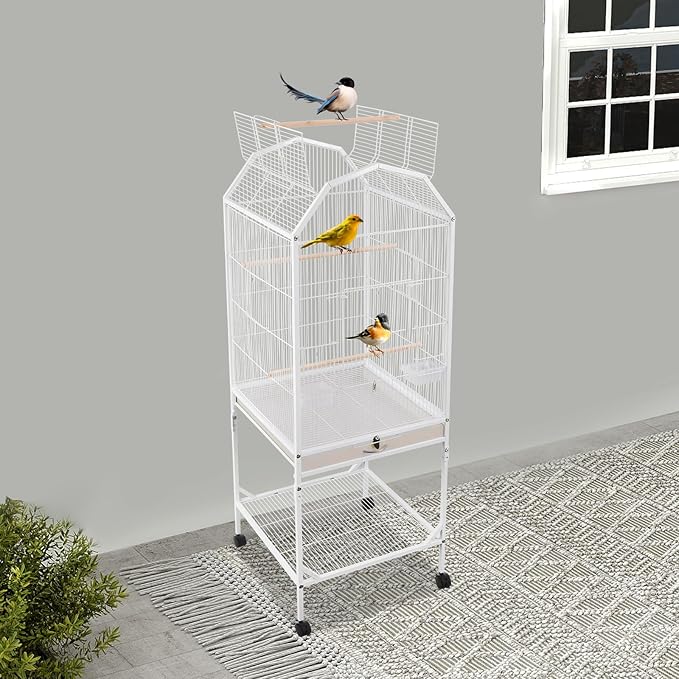 Bird Cage with Wheels, Open Top Breeding Cage Wrought Iron Flight Cage with Rolling Stand, Removable Tray & Feeding Bowls for Parrots, Canaries, Lovebirds Finches, 18" L x 18" W x 54" H