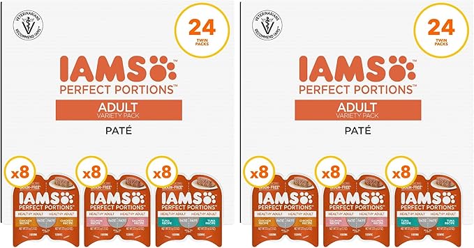 IAMS Perfect Portions Adult Wet Cat Food Pate, Chicken, Salmon, and Tuna Recipe Variety Pack, 2.6 oz. Easy Peel Twin-Package Trays (, 48 Servings), 24 Count (Pack of 2)