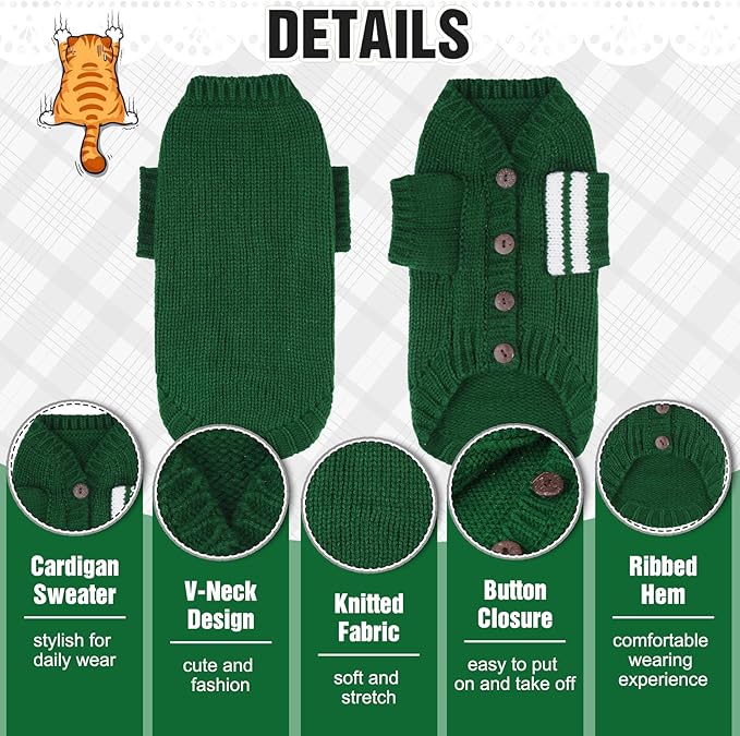 EXPAWLORER Cat Sweater Cardigan - Stylish Knitted Cat Clothes, British Style Soft Puppy Sweater with Sleeve Warm Pet Clothing Knitwear, Fall and Winter Kitten Coat for Girl Boy Cats, Green Small