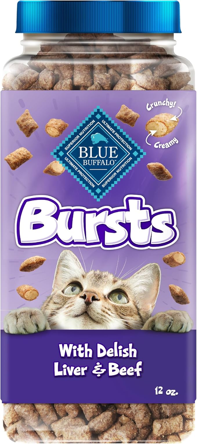 Blue Buffalo Bursts Crunchy & Creamy Cat Treats, Great for Training, Delish Liver & Beef, 12-oz. Tub