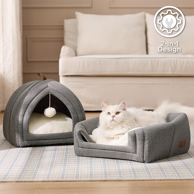 Bedsure Cat Beds for Indoor Cats- 2 in 1 Cat Cave House Tent for Kittens and Small Pets with Removable Washable Cushioned Pillow, Foldable Kitten Hideaway with Non-Slip Bottom, Beige, 16 inches