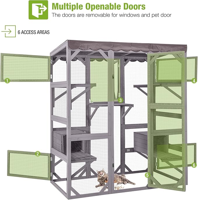 GUTINNEEN Catio Outdoor Cat Enclosure Large Walk in Window Cat House for Mulitiple Cats with 7 Platforms and 2 Resting Box,Tarp Roof,71 inch