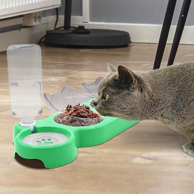 Triple Cat Bowls - 15 Tilt 3-in-1 Water Feeder Bowls with Automatic Water Bottle, Whisker Friendly Elevated Feeding Dishes for Small Cats and Puppies (Mint Green)
