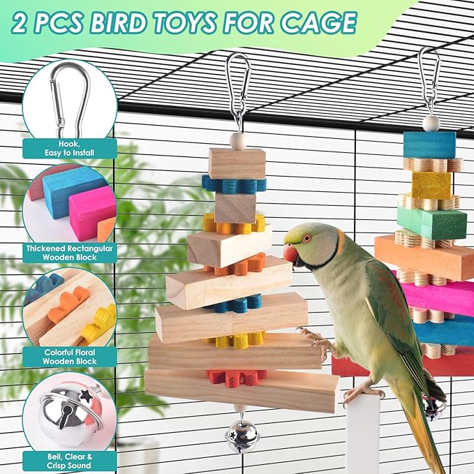 2 Pcs Bird Toys for Parrots, Colorful Natural Large Parrot Toy Hanging Chew Wood Block with Bell for Medium to Large Cockatiels, Eclectus, African Greys, Amazon, Cockatoo