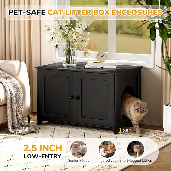 Cat Litter Box Enclosure Furniture Dog Proof, Hidden Kitty Washroom Cabinet Low Entry, Wooden Cat Boxes Enclosure Odor Control for Home, Farmhouse Style Decorative TV Stand with Storage, Black