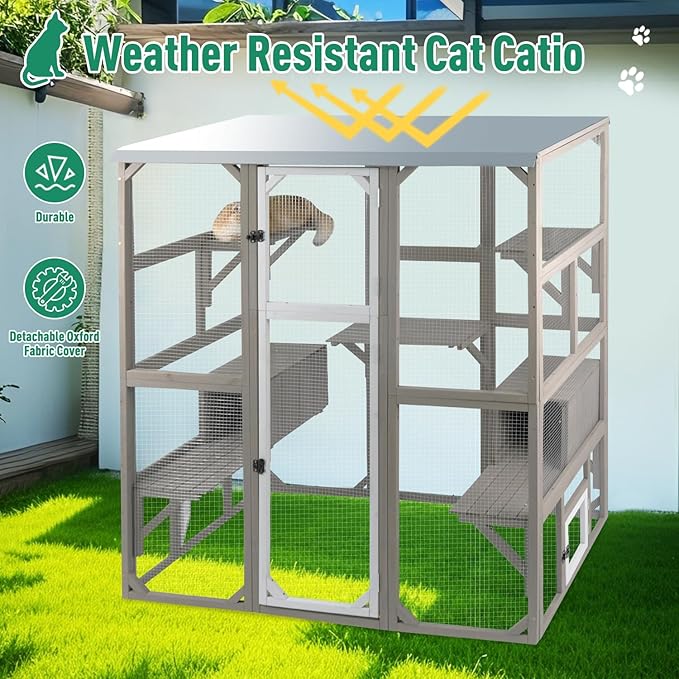 PetsCosset Outdoor Cat Catio Enclosures Large Wooden Cat House Patio for Indoor Cats Feral Cat Shelter with 2 Espace Doors, 2 Resting Rooms, 5 Platforms, Removable Waterproof Cover 67.7" H