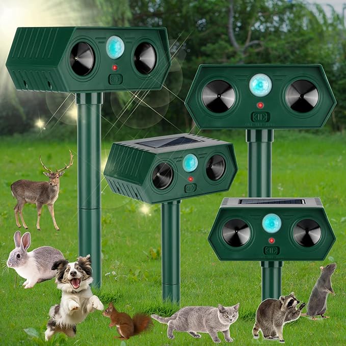 4 Pack 2026 Ultrasonic Animal Repellent Outdoor Cat Repellent Devices Solar Animal Repeller Motion Activated Deterrent to Scare Deer Squirrel Rabbit Raccoon Skunk for Yard Lawn Outdoor