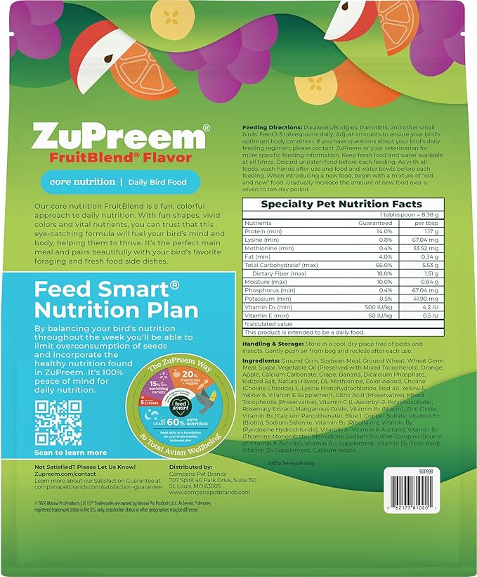 ZuPreem FruitBlend Flavor Pellets Bird Food for Small Birds, 2 lb (Pack of 2) - Daily Blend Made in USA for Parakeets, Budgies, Parrotlets