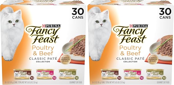 Fancy Feast Poultry and Beef Feast Classic Pate Collection Grain Free Wet Cat Food Variety Pack - 3 oz. Cans,(Pack of 60)
