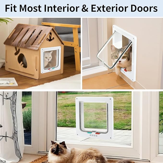 Cat Door for Interior Exterior Door (Outer Size 10.9" x 9.8"), 4-Way Locking Flap for Cats & Dogs(Circumference < 30"), Weatherproof Pet Door, White, ABS Material (XL)