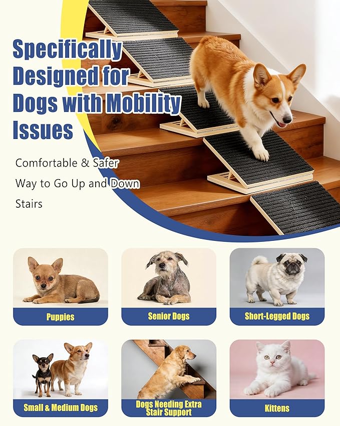 Wooden Dog Ramp for Stairs, 3 Pack Foldable Anti-Slip Pet Steps for Small Dogs, Low-Angle Stair Ramp for Senior, Short-Legged, Injured & Recovery Pets