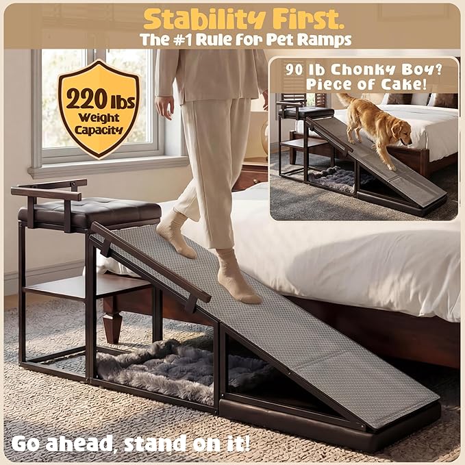 4-in-1 Dog Ramp, 65" X 26" X 17" Storage Ottoman Bench Upholstered Padded with Solid Wood Shelf, Foldable Pet Stairs Non-Slip Silicone Surface - Safety Railings Load up to 220 lb (Black)