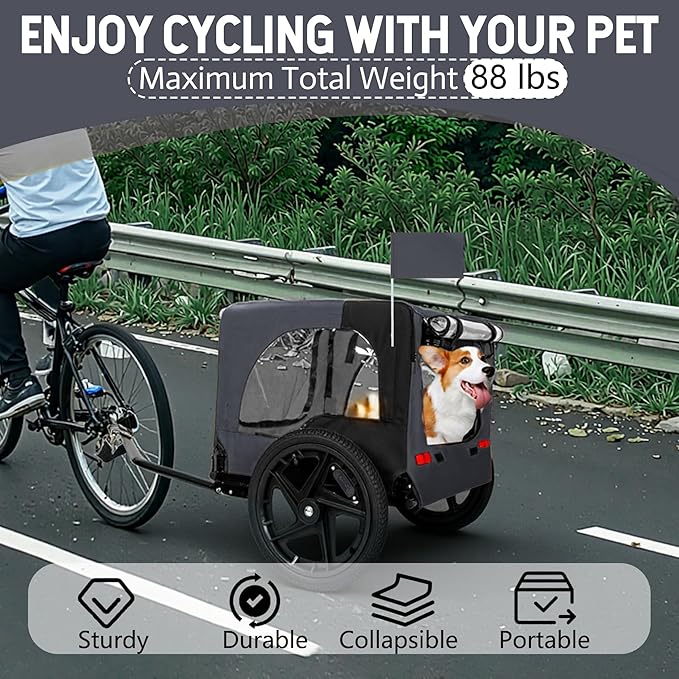 Collapsible Pet Bike Trailer, Portable Dog Bicycle Trailer with Enhanced Safety Design, Weatherproof & Ventilated Pet Carrier for Small to Medium Pets Up to 66 lbs (Dark Grey)