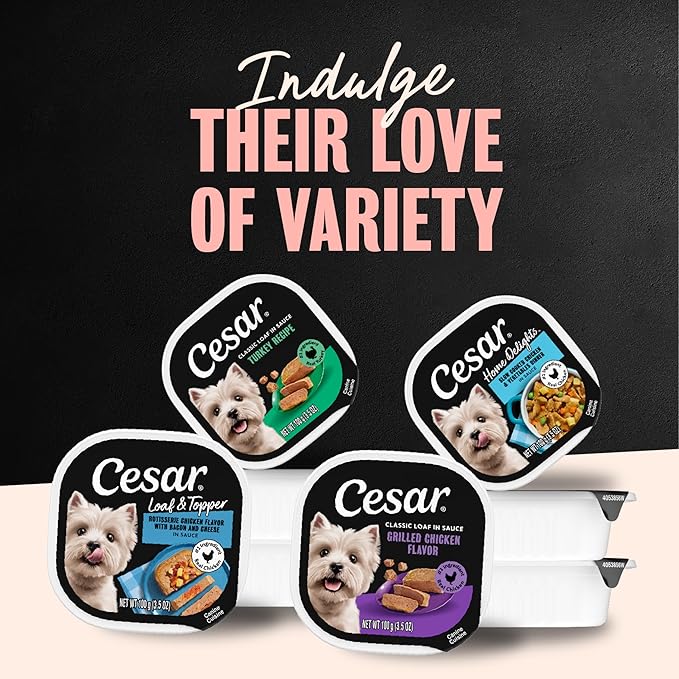 Cesar Classic Loaf in Sauce and Home Delights Adult Wet Dog Food Poultry Lovers Variety Pack with Real Chicken, Turkey or Duck, 3.5 oz. Easy Peel Trays, 36 Count (Pack of 1)