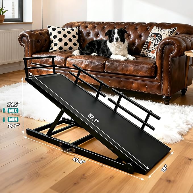 CypherX Dog Ramp for Couch or Bed, 18" W Folding Wooden Pet Ramp with Anti-Slip Rubber Mat & 3 Removable Safety Side Rails, 6 Adjustable Height from 17" to 29" for Small & Large Dogs & Cats