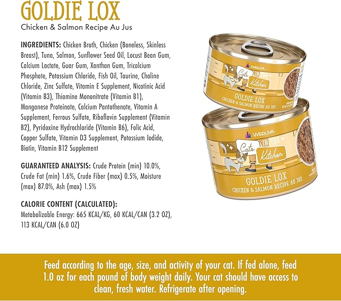 Weruva Cats in The Kitchen, Goldie Lox with Chicken & Salmon Au Jus Cat Food, 6oz Can (Pack of 24)