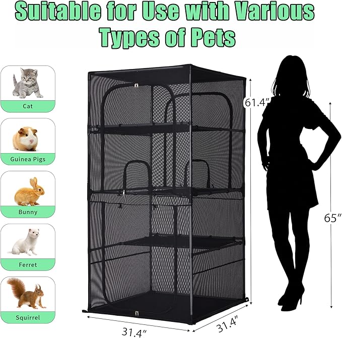 Catio Outdoor Cat Enclosure,4 Tiers Window Catio,Upgraded Mesh Cat Enclosure Sturdy and Durable with Multiple Doors Easy to Clean(31.4“L× 31.4”W ×63" H)