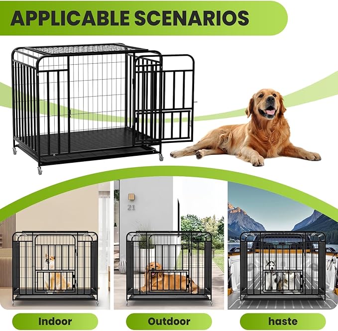 36.4×25×32.6 in Heavy Duty Dog Crate, Alloy Steel Material Dog Kennel, with 3 Doors 4 Lockable Wheels 1 Removable Trays, Dog Cage Kennel for Small to Medium Dogs (36 in)