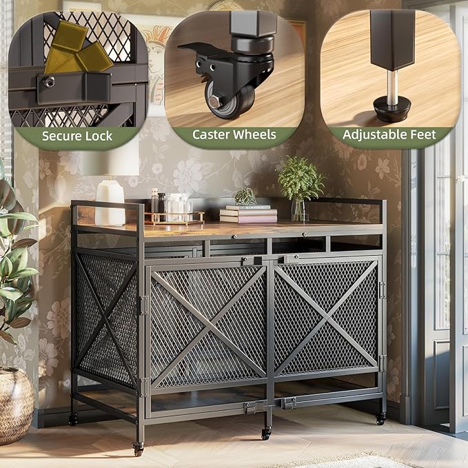 48 Inch Extra Large Furniture Dog Crate | COZPAW Heavy Duty Wooden Indoor Dog Kennel with Caster Wheels | Decorative Pet House End Table | Caramel Brown
