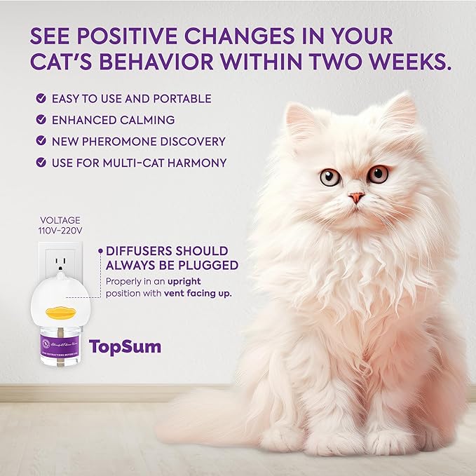 TopSum Cat Pheromones Calming Diffuser: Premium Pheromone Diffuser for Cats - Cat Pheromones Diffuser - Cat Calming Diffuser - Cat Calming Pheromone Diffuser (4 Refills Original)